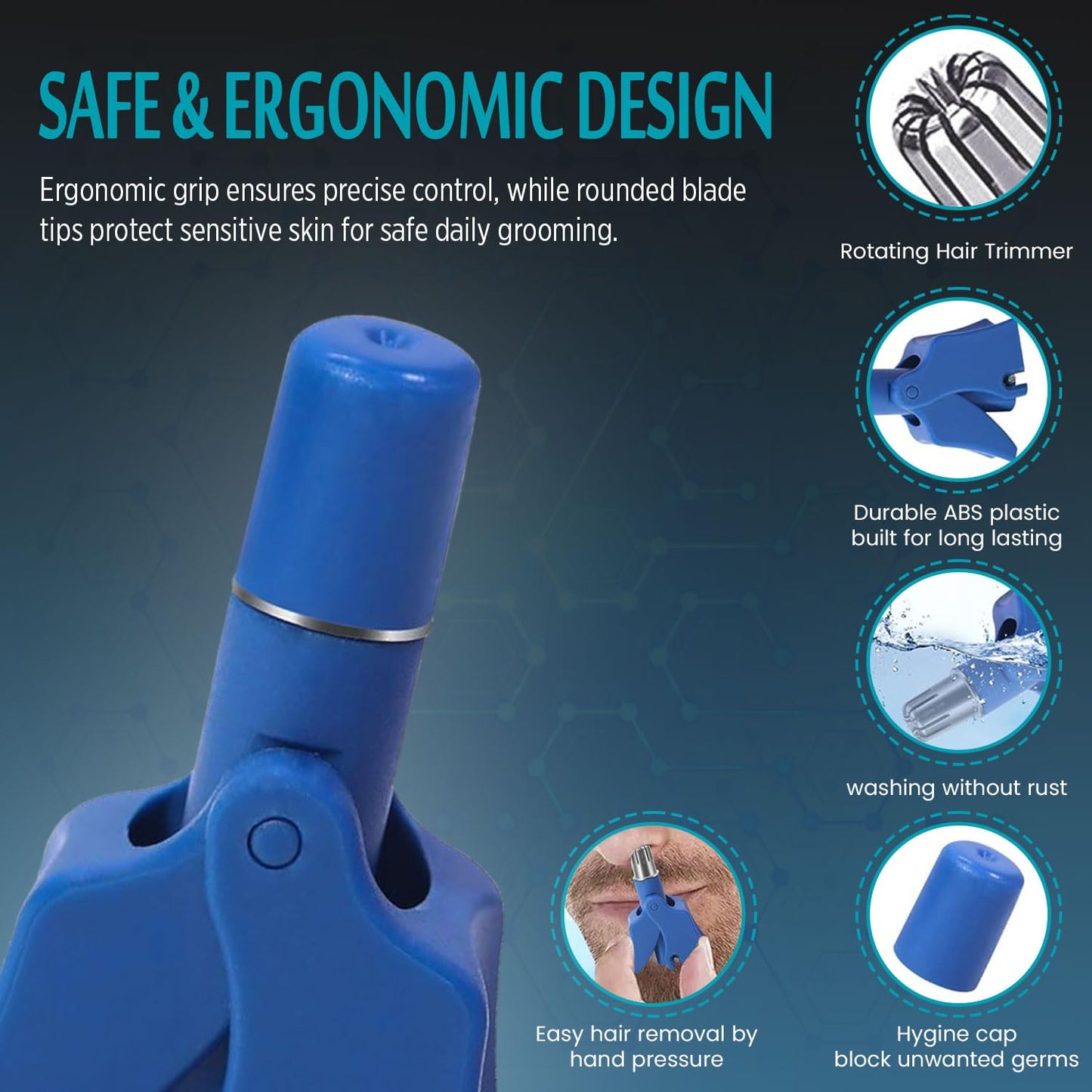 Infinity Choices Stainless Steel Hair Trimmer for Men and Women | Manual Nose and Ear Hair Trimmer | Nose Clippers, 360° Rotating Hair Trimmers | Washable Nose Hair Remover | Blue