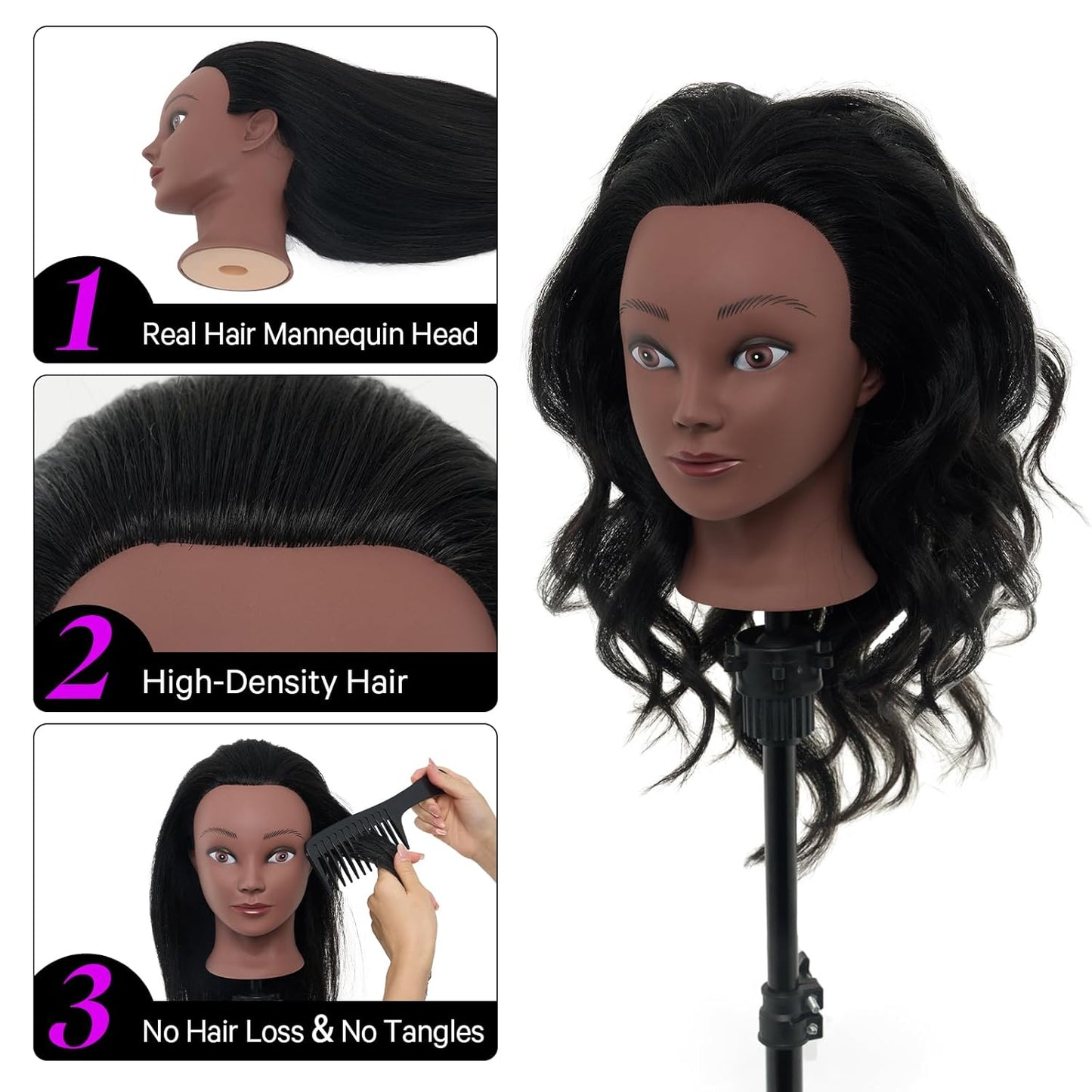 Real Hair Mannequin Head - 18" Human Hair Cosmetology Training Doll for Styling, Dying & Braiding | Black