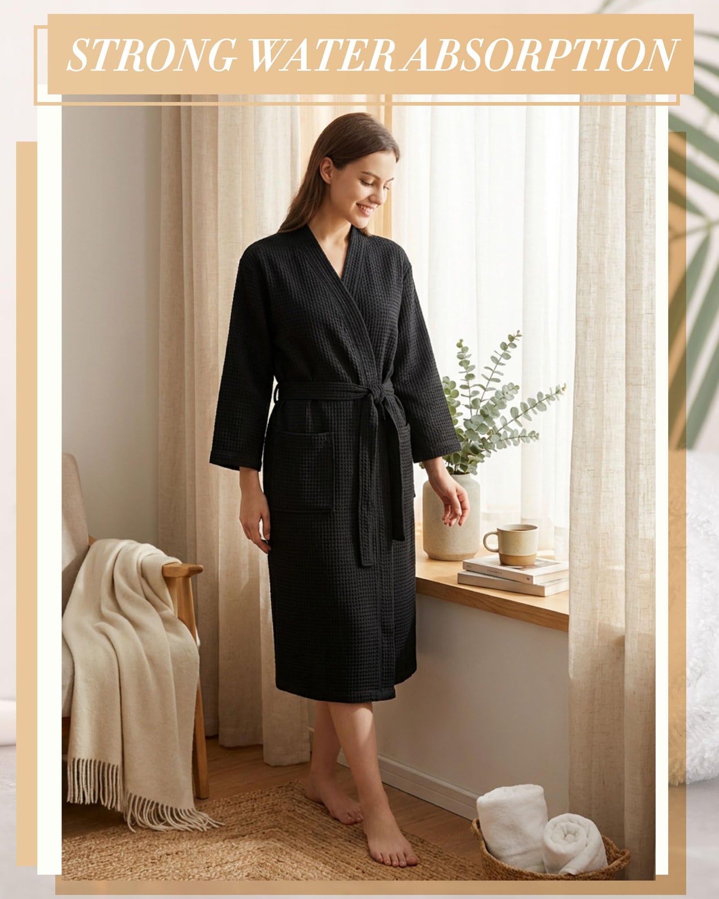 Panitay 12 Pcs Women's Waffle Knit Robes Thin Spa Bath Robe Bulk Hotel Lightweight Commercial Soft for House Shower Party(X-Large,Black)
