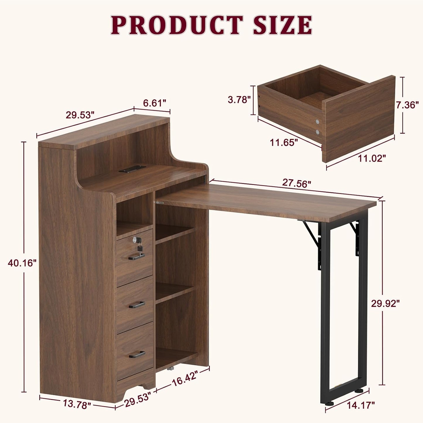 Foldable Nail Desk - L Shape Manicure Table with Drawer & Charging Station | Portable Beauty Salon Workstation (Brown)