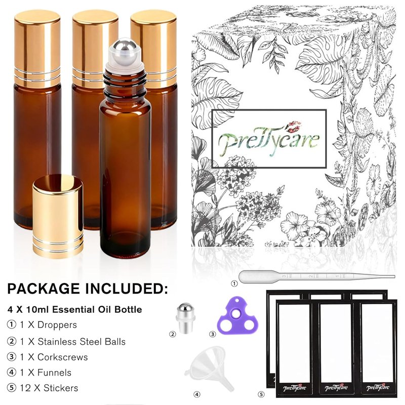 Amber Glass Oil Roller Bottles - 4 Pack 10ml Leak-Proof Refillable | Essential Oils & Perfume