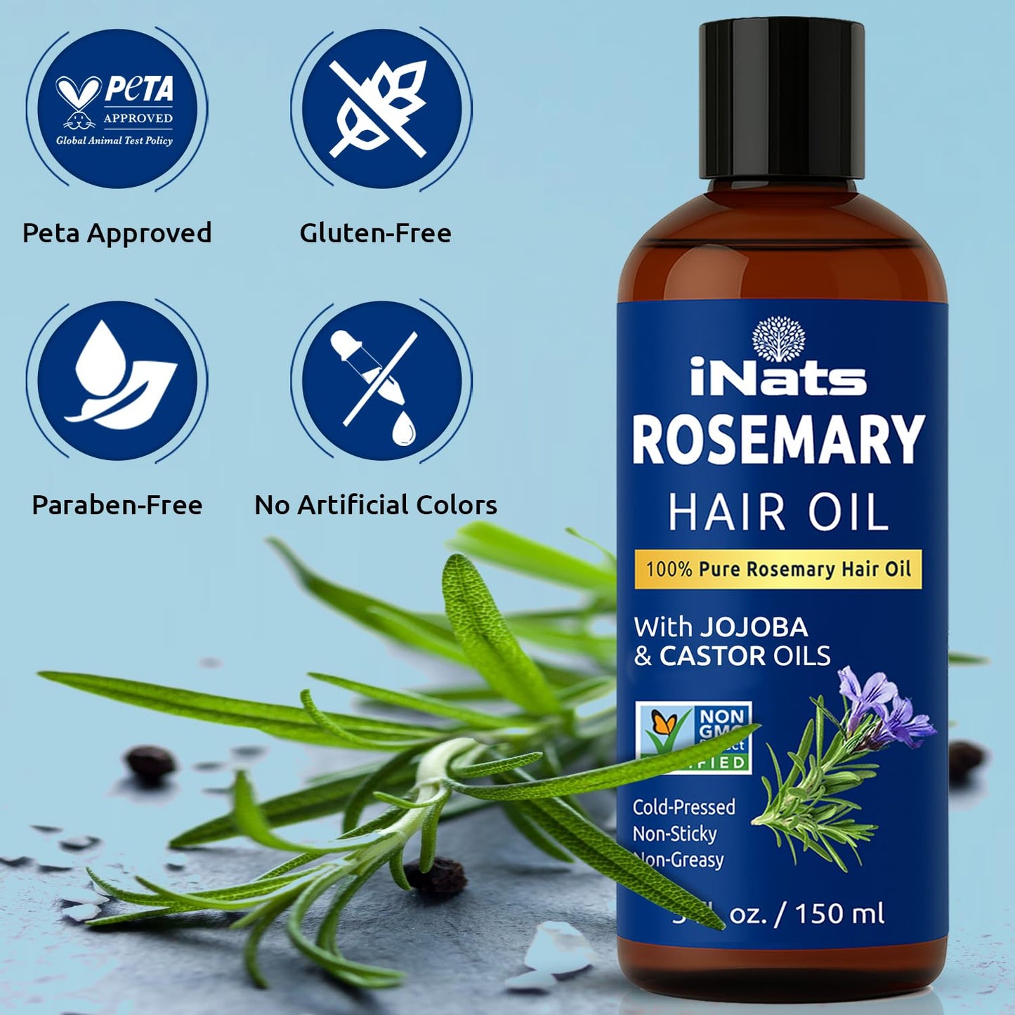 iNats 100% Pure Rosemary Oil for Hair Growth (5 fl oz) - Cold Pressed & Natural Infused w/Biotin, Jojoba & Castor Oils - Hair Oil Repairs Dry Damaged Hair, Strengthening, Healthier, Nourishing Hair