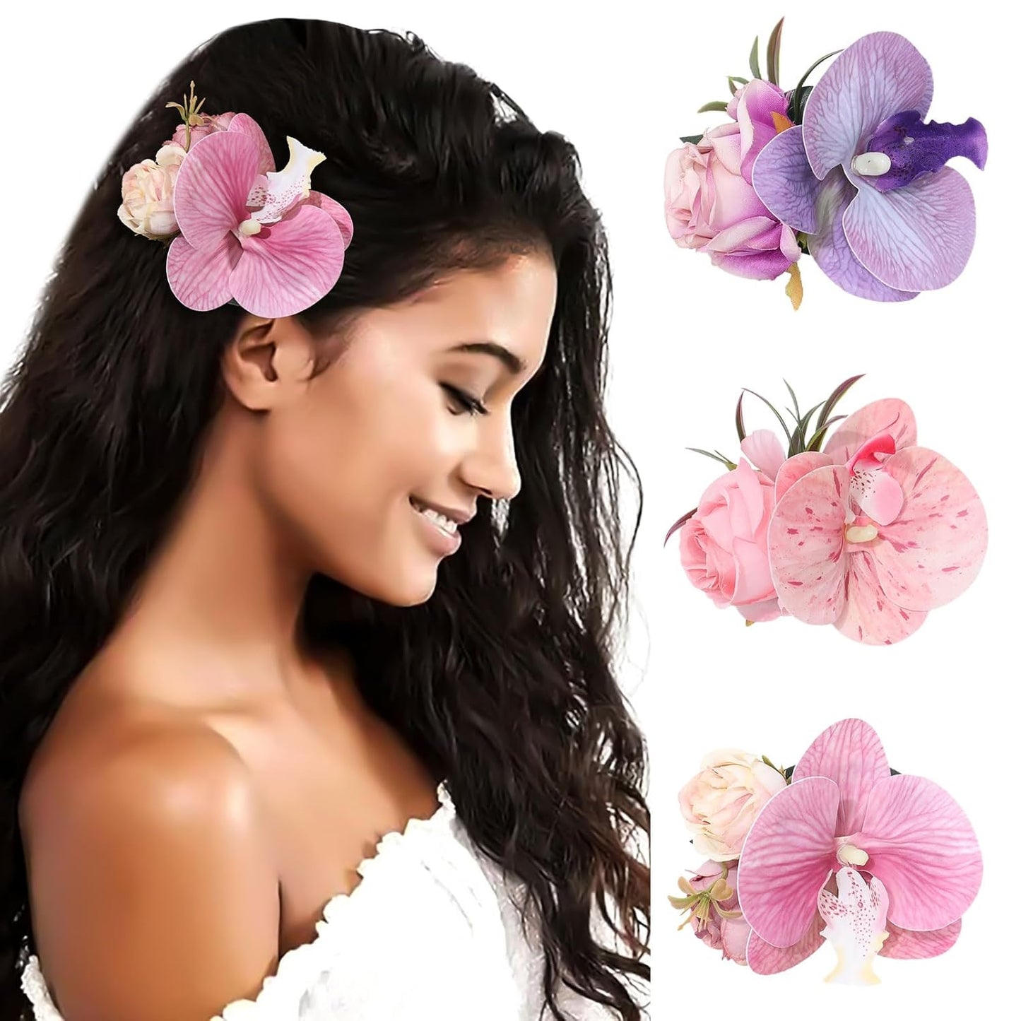 Hawaiian Flower Hair Clips - 3-Piece Set of Tropical Hair Pins | Artificial Floral Accessories in Blue, Pink, Purple