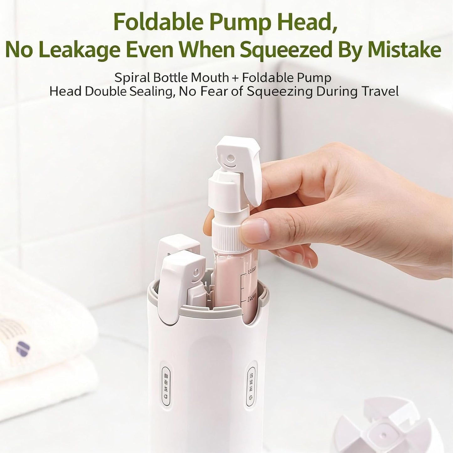 Travel Dispenser Bottle - 4 in 1 Refillable Leak-Proof Toiletry Bottles | Light Green & White, 16.5cm x 5.5cm