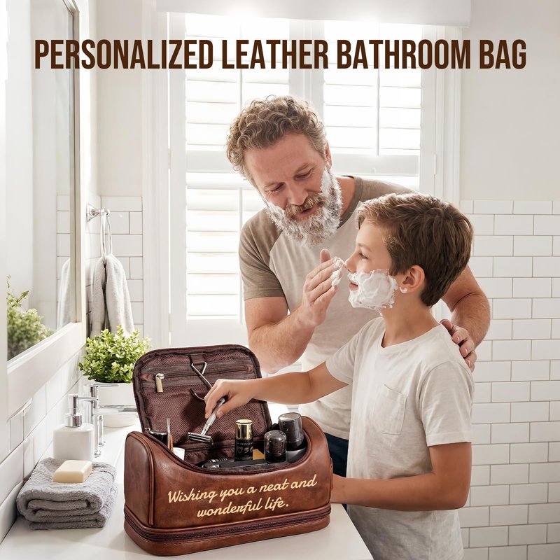 Personalized Toiletry Bag for Men, Custom Toiletry Bag Engraved with Name Text, Mens Leather Travel Shaving Dopp Kit, Personalized Fathers Day Birthday Gifts for Men Dad Husband Grandpa (Style 2)