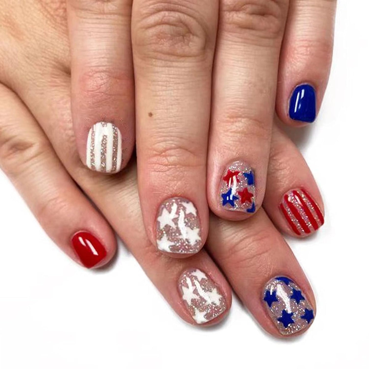 Press On Nails - Short Square Red, White & Blue Acrylic Nails with Glitter Stars | 4th of July Designs, 24 Pcs