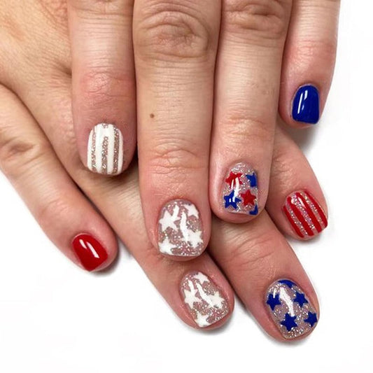 Press On Nails - Short Square Red, White & Blue Acrylic Nails with Glitter Stars | 4th of July Designs, 24 Pcs