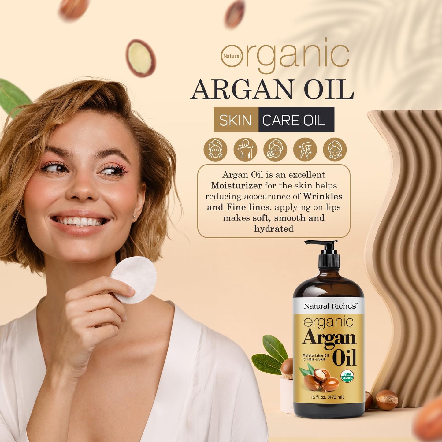Natural Riches Organic Argan Oil - Moisturizing Oil for Hair, Face & Skin - Cold Pressed Pure Moroccan oil - 16 Fl Oz Glass Bottle