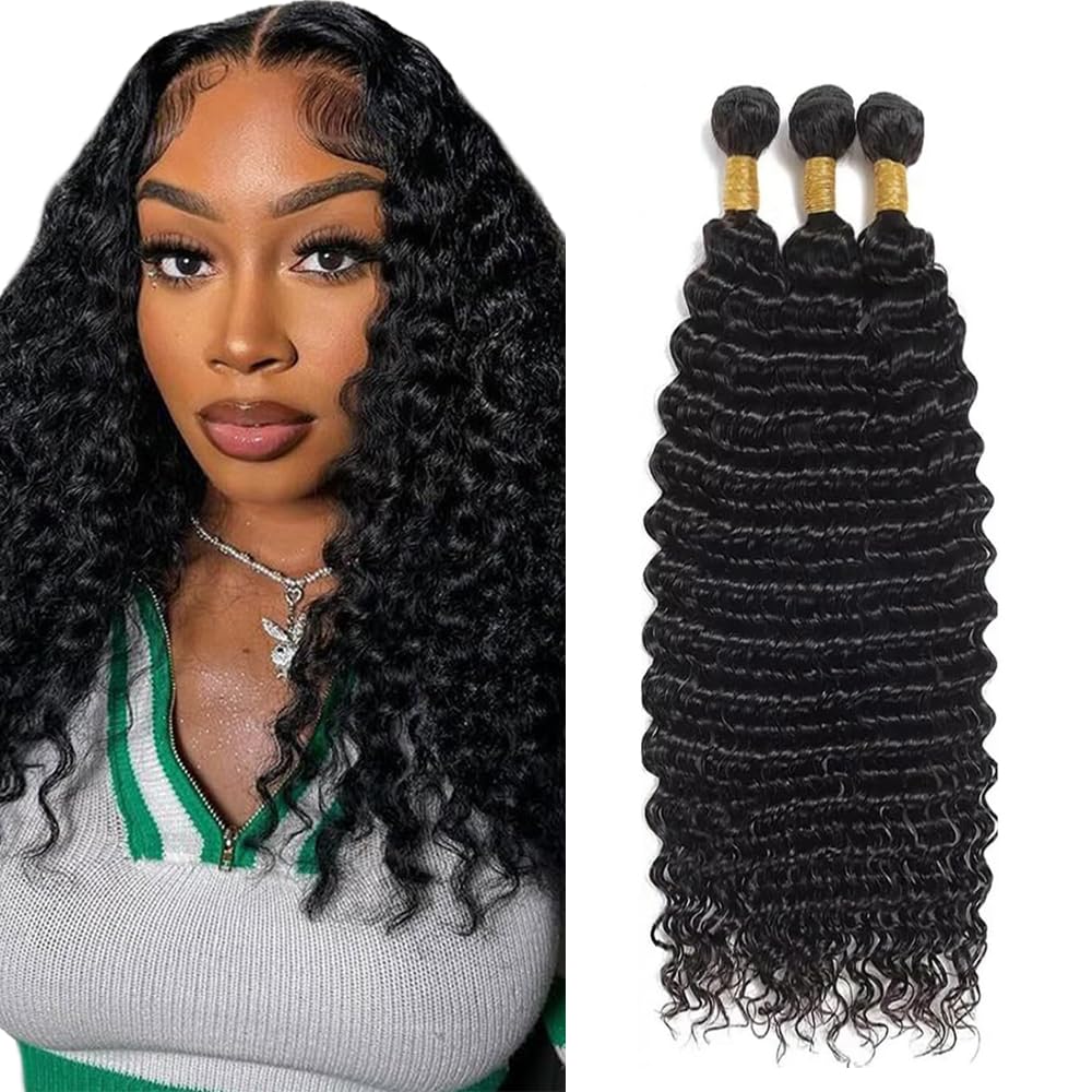 LadrXadr Human Hair Bundles Human Hair Deep Wave Bundles 12 14 16 inch Wet and Wavy Bundle Quick Weave Extensions