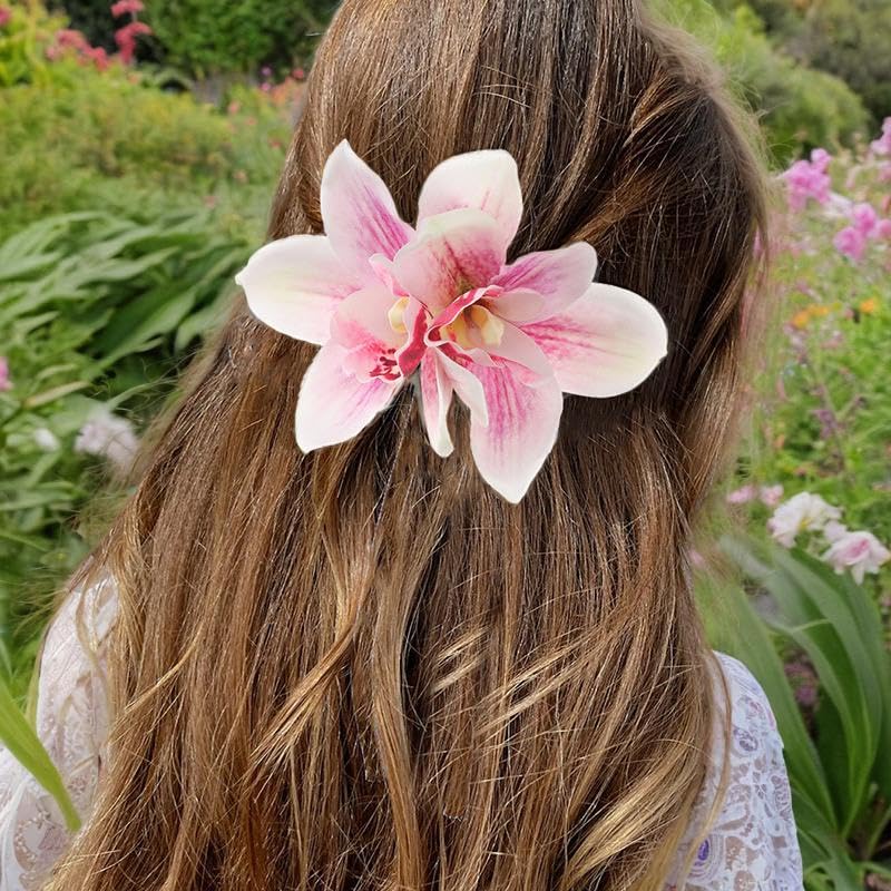 Pink Orchid Flower Hair Clips for Women - Tropical Hawaiian Accessories