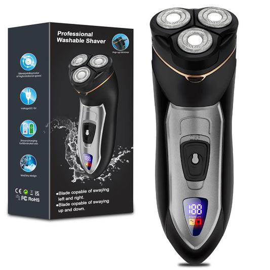 Electric Razor for Men, 3-Blade Cordless Rechargeable Rotary Shaver, IPX7 Waterproof Wet Dry Electric Shaver for Face, Beard Trimmer, Type-C Fast Charging & LED Display, Portable Travel Grooming Kit