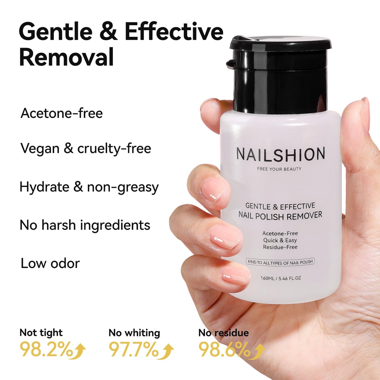 Nailshion Nail Polish Remover Non-acetone for All Air Dry Nail Polishes, 3-6s Quick Removal, One-hand Push-Down, No Toxic, Rich in VE Non-Drying, Salon DIY Nail Art Supplies 5.46 fl. oz