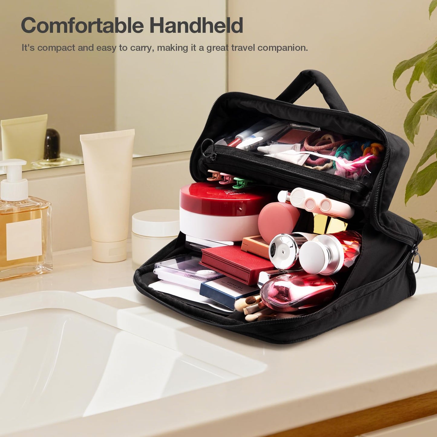 Abiudeng Standing Travel Makeup Bag Stand up Make up Bag Travel Toiletry Bag with Multiple Compartments Large Capacity for Women Business Trips Fitness and Daily Commutes (Black)