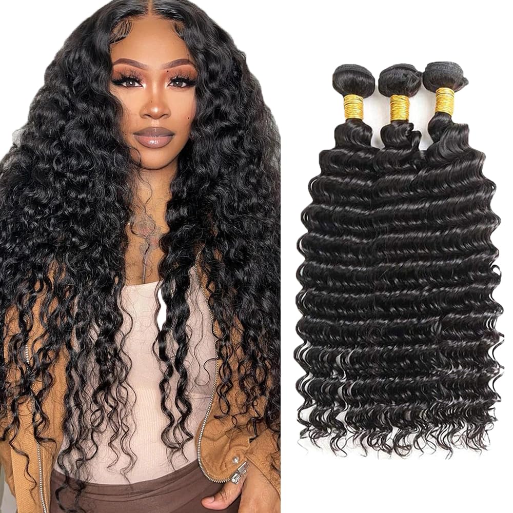 Human Hair Bundles Deep Wave Human Hair Bundles 24 26 28 inch Natural Black 10A #1B Deep Wave 3 Bundle Wet and Wavy Bundle Natural Color 150g