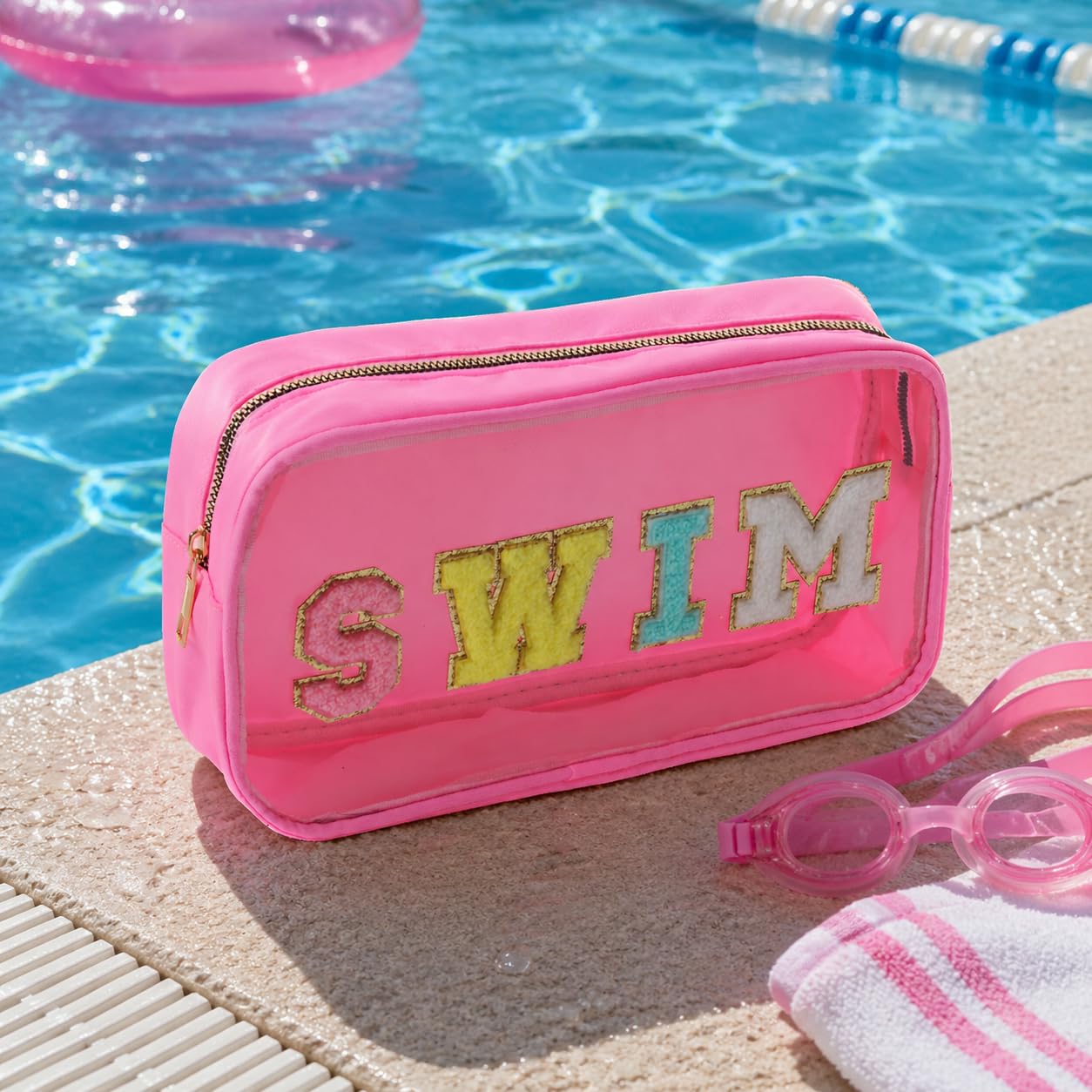TRIP TIGER Sunscreen SPF Makeup Bag with SWIM Chenille Letters, Waterproof Clear Pink Cosmetic Bags for Women, Sunblock Organizer for Pool, Swim Team, Beach Travel Toiletry Sun Pouch