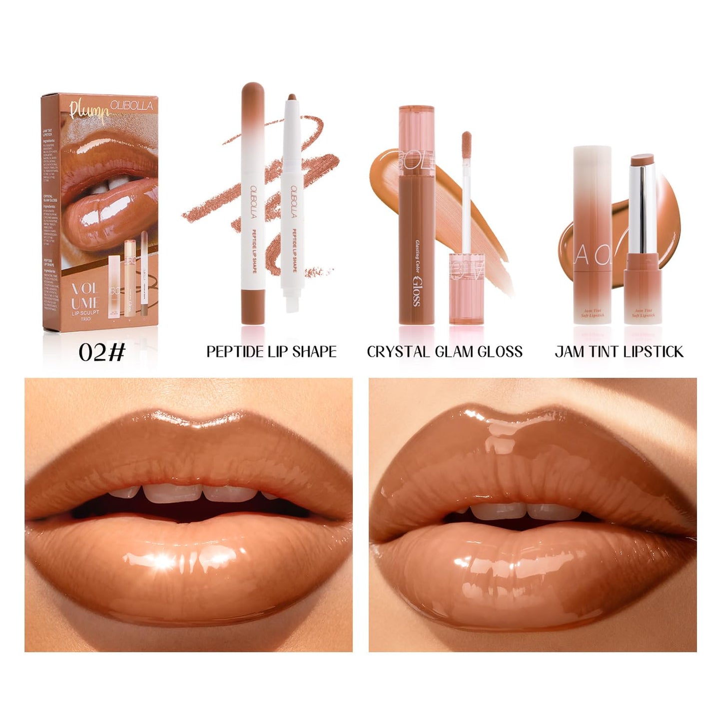 BANGFENG 3PCS Glossy Lip Combo Set – Shade with Plumping Gloss, Hydrating Melting Balm & Smooth Lip Liner for Fuller, Defined, High-Shine Juicy Lips, K-Beauty Viral Makeup Look (02# Mocha Nude)