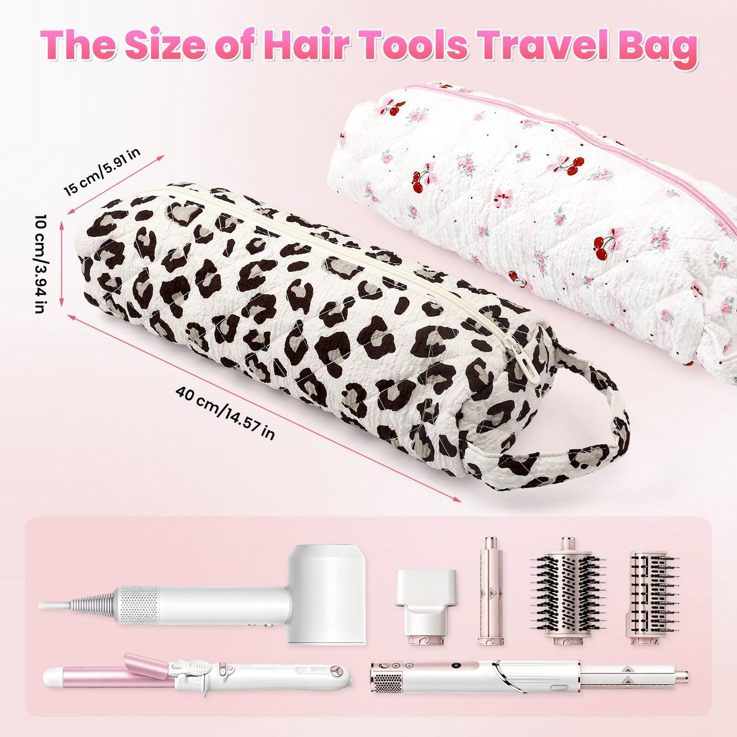 Hair Tools Travel Bag, 2Pcs Quilted Protable Hair Dryer Bag Hair Styling Accessories Organizer Bag for Curling Irons, Flat Irons and Styling Tools (Leopard Print+Cherry)
