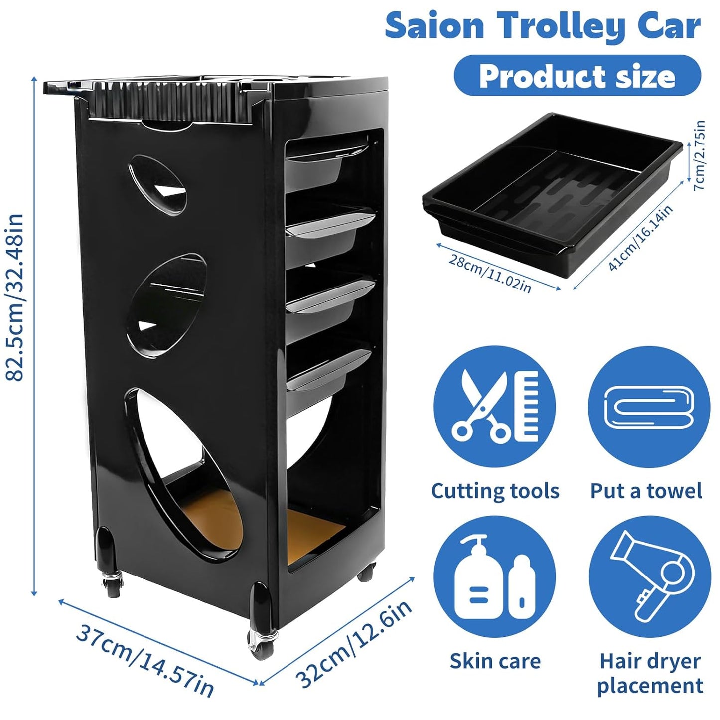 Salon Beauty Rolling Trolley Cart - Black Hair Storage Cabinet with Multi Drawers & 4 Wheels | Hollow-Carved Design