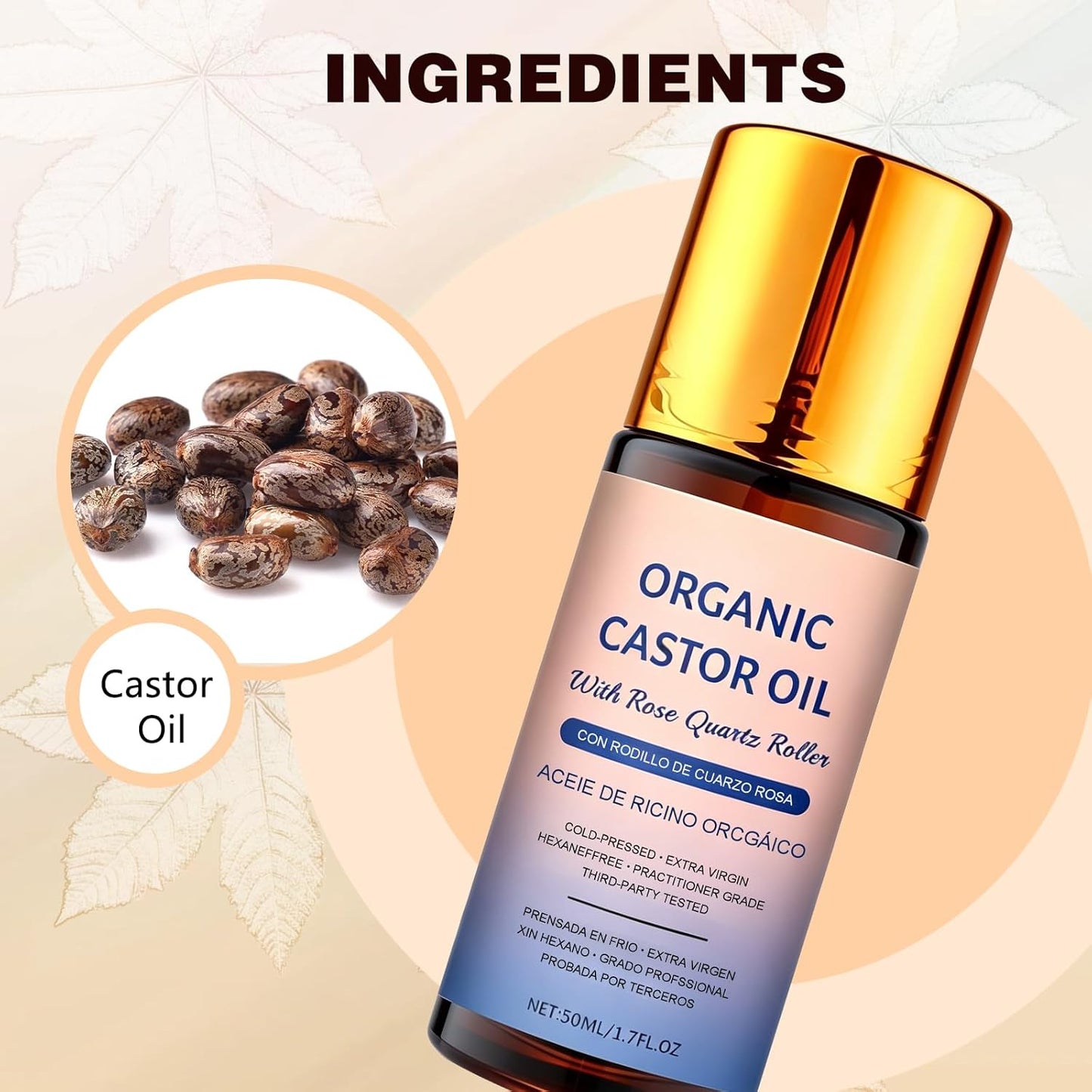 Organic Castor Oil Roll-On - 100% Cold Pressed Moisturizing Oil with Rose Quartz Roller | Travel-Friendly Skin & Hair Care (1pc)