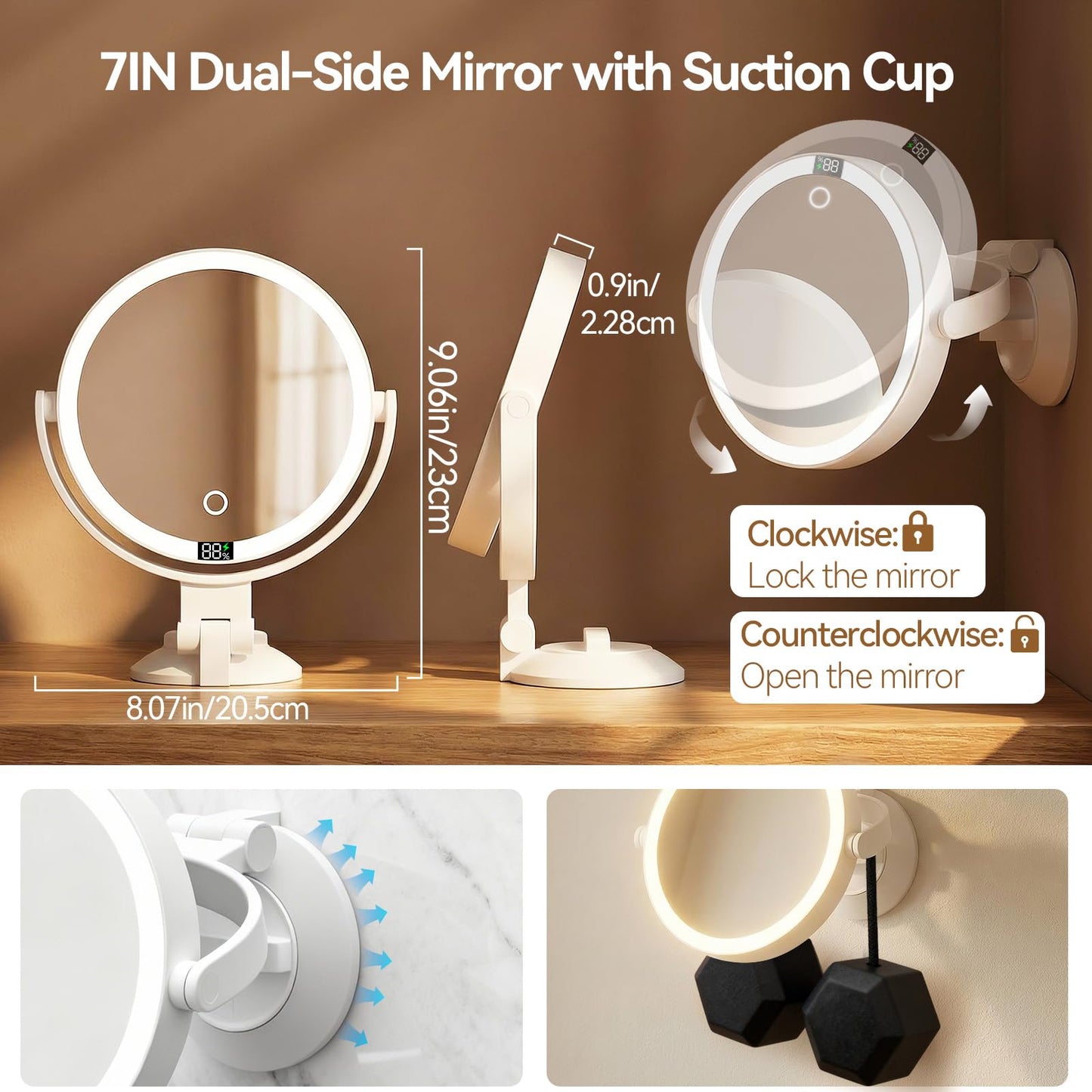 20X Magnifying Mirror Suction Cup with Lights, Wall Mounted Makeup Mirror