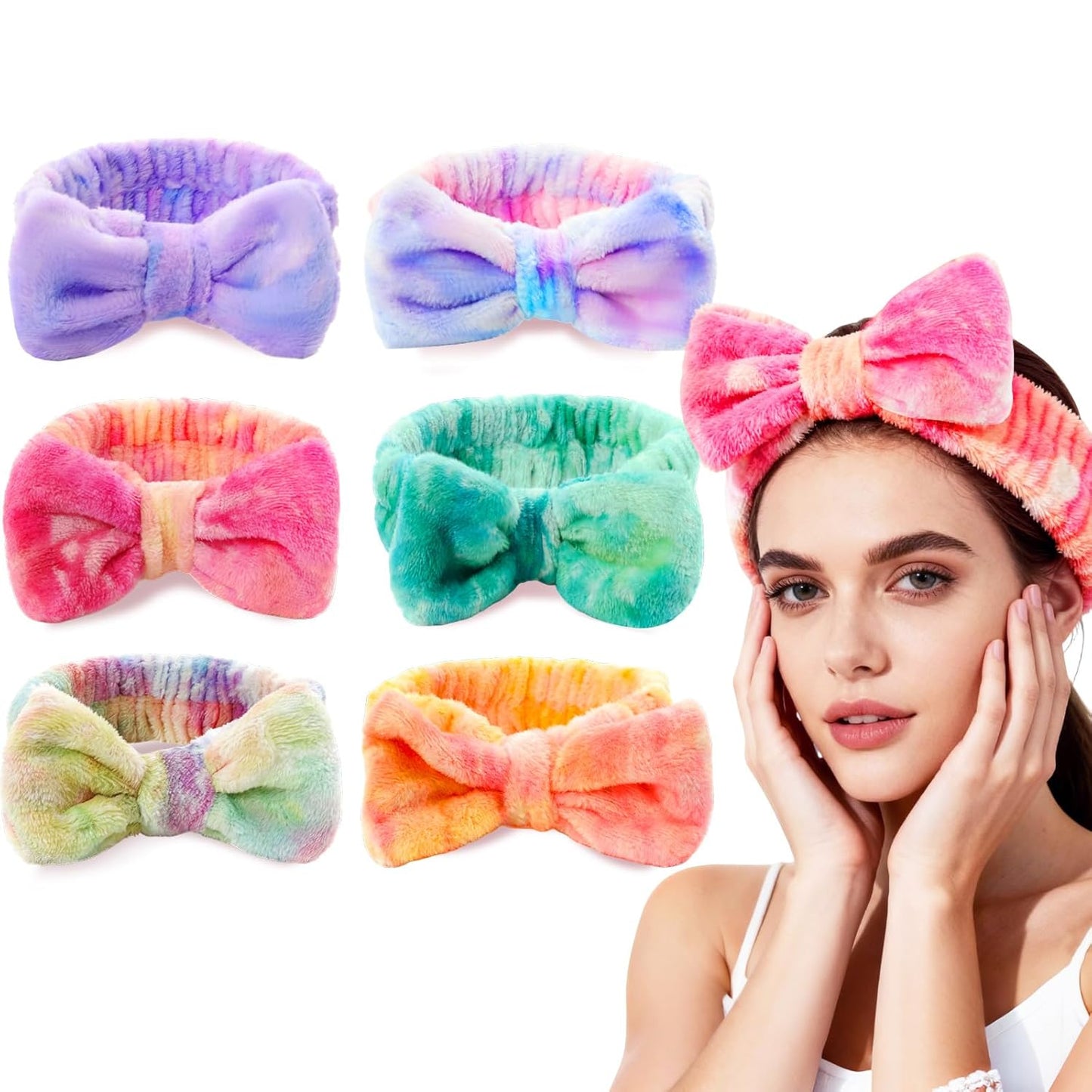 Spa Headband Set - 6 Pcs Furry Face Wash Headbands for Skincare & Makeup | Removable Bow Design
