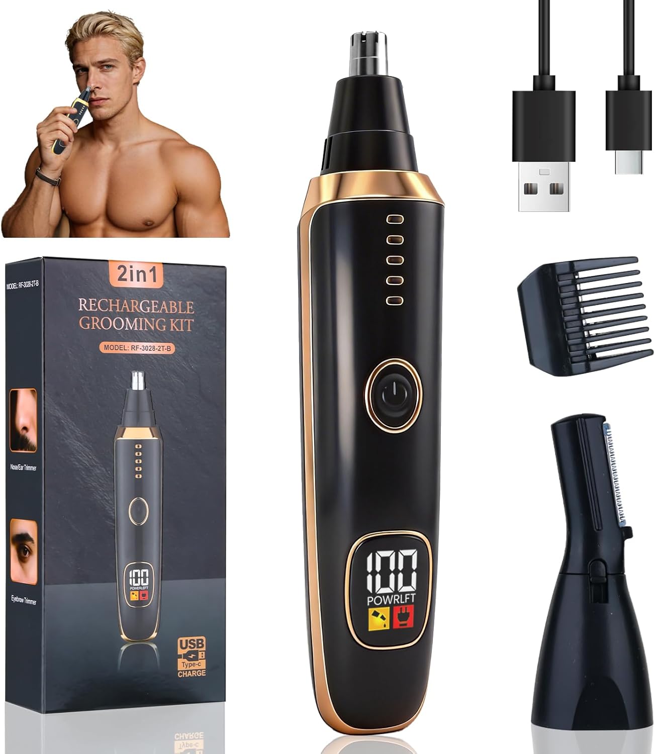 Nose and Ear Hair Trimmer - 2-in-1 LED Display USB Rechargeable | Portable Waterproof Facial Hair Removal (Black)
