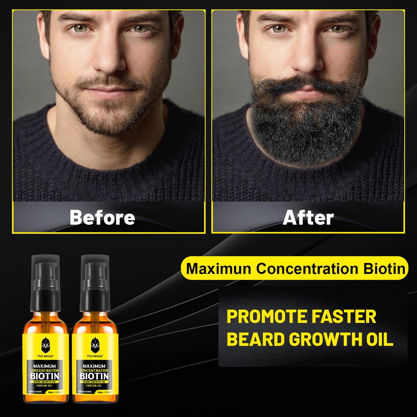 First Melody Beard Oil,Maximun Thickening Biotin, with Castor Oil and Argan & Jojoba Oils, Promotes Beard Growth, Styles, Strengthens & Softens Beards & Mustaches,1 Ounce*2（2 Pack）
