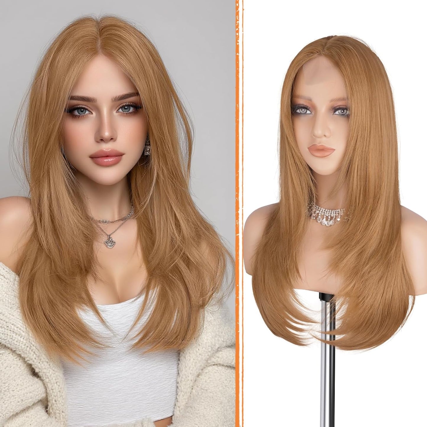 Blonde Wig with Curtain Bangs - Lace Front Synthetic Hair, 24 Inch Dirty Blonde | Natural Looking, Long Layered Style