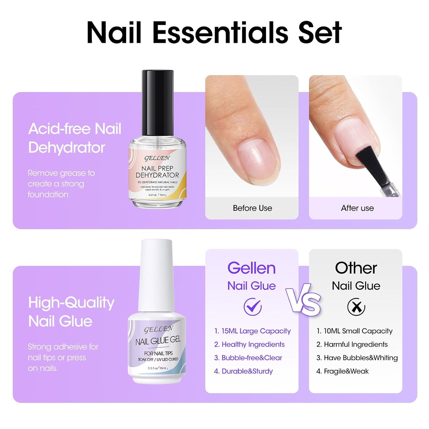 Gellen Gel Nail Glue - Strong Adhesive for False Nail Tips | 15ml Acid-Free Dehydrator