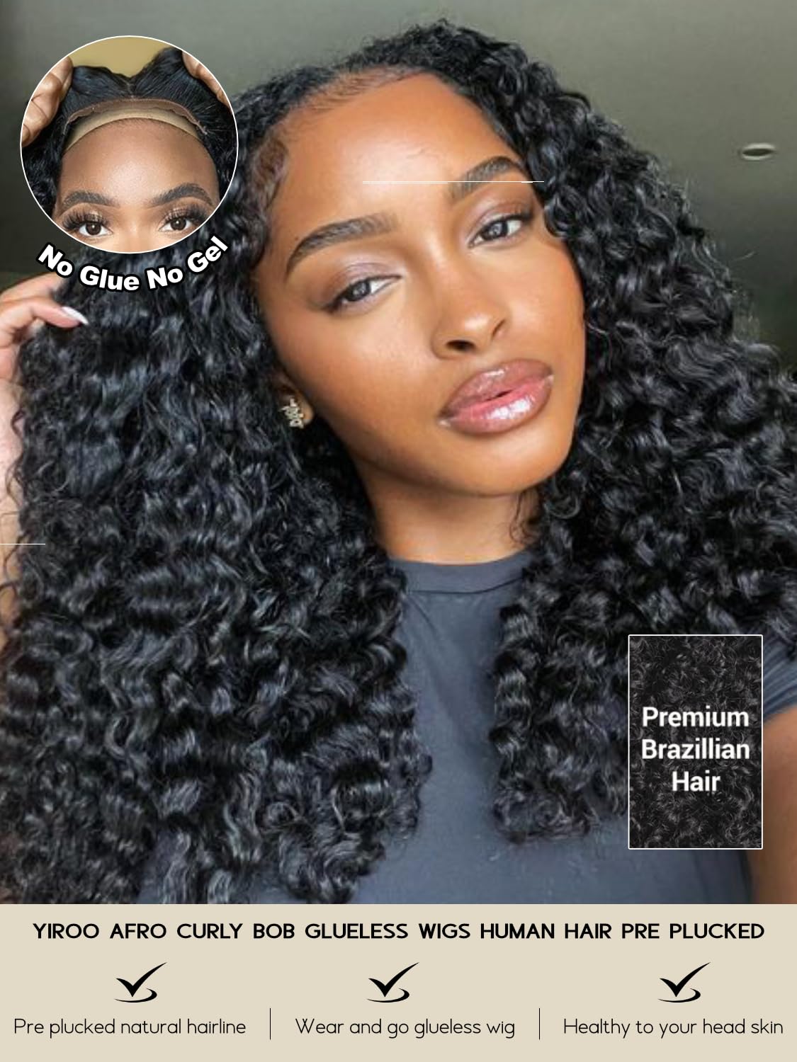YIROO Kinky Deep Curly Human Hair Wear and Go Glueless Bob Wig with Fiber Blend 180% Density Pre Cut 4x4 Lace Closure Pre Plucked Afro Kinky Curly Bob Wigs for Black Women Put On Go Bob Wigs 15Inch