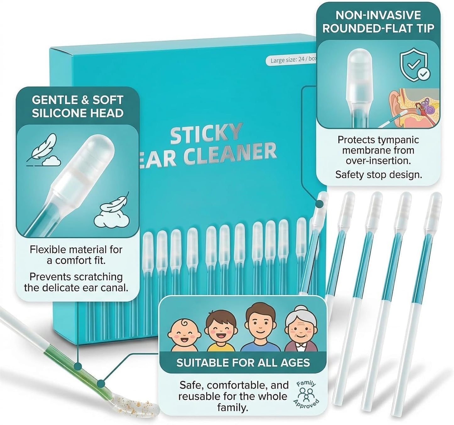 Reusable Sticky Ear Cleaning Stick - Gentle Adhesive Ear Wax Removal Tool | Soft Rubber Head, 72 Pcs in 3 Boxes