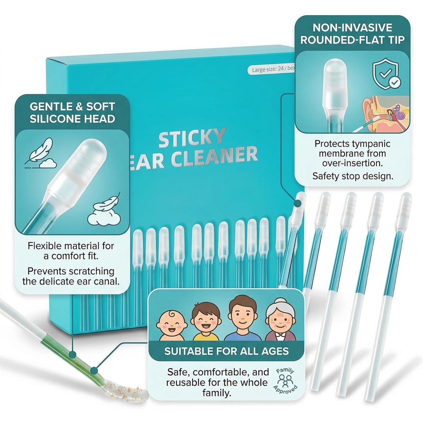 Sticky Ear Cleaning Stick, Reusable Ear Cleaning Tools with Soft Rubber Head, Gentle Adhesive Ear Pick for Ear Wax Cleaning, Home Personal Care Hygiene Kit (3 Boxes/72 Pcs)