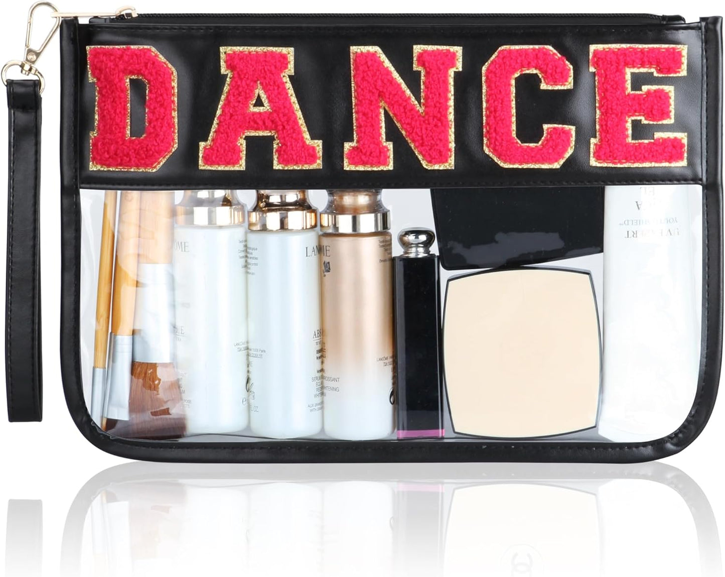 Dance Recital Gifts - Clear Makeup Letter Bag with Chenille Patch | Waterproof Cosmetic Pouch for Girls & Women