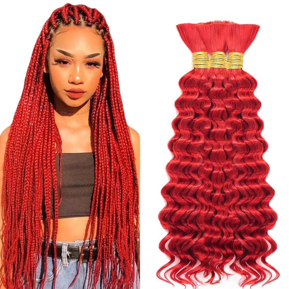 Red Human Braiding Hair for Boho Braids 150g 3 Bundles 16 16 16 Inch Wine Red Deep Wave Bulk Hair Burgundy Curly Human Hair Extensions for Braids Wet and Wavy Braid