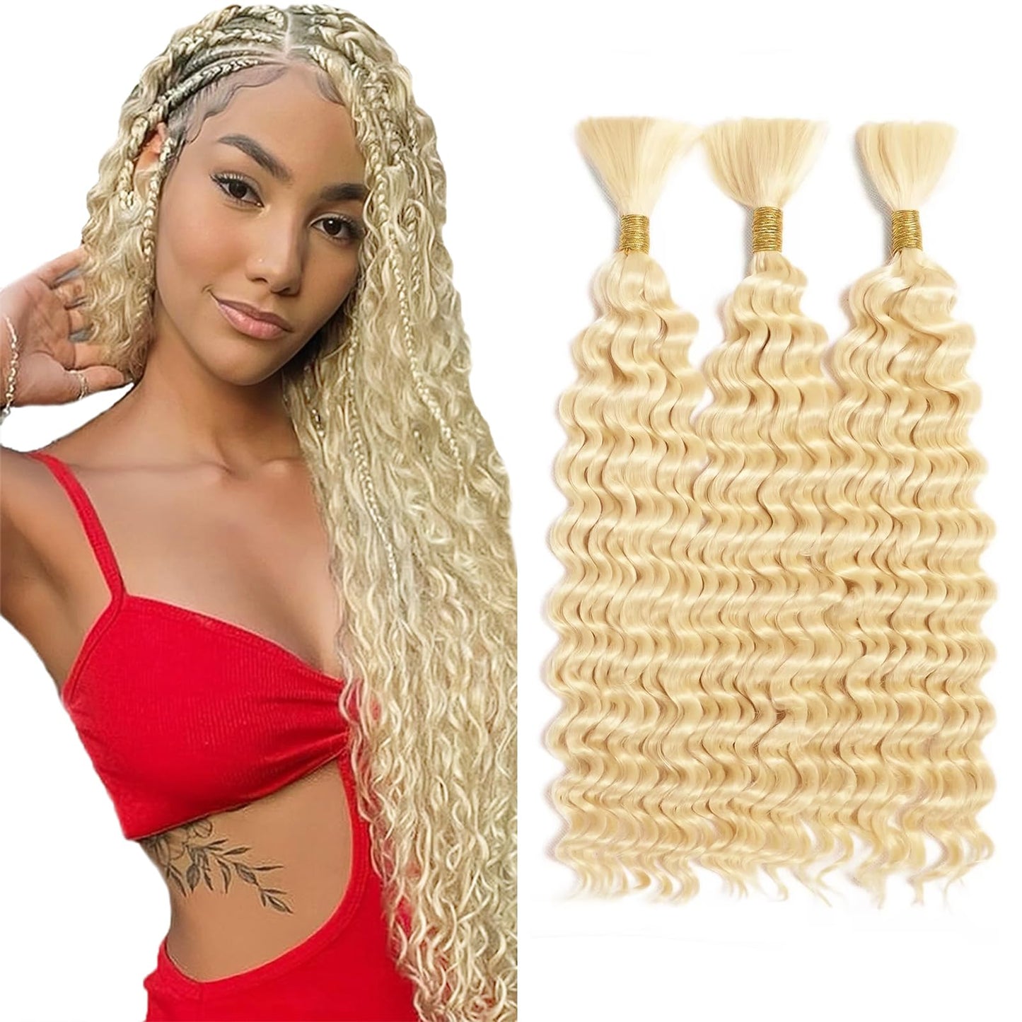 AuokMar 20 20 20 inch 613 Blonde Human Braiding Hair Deep Wave Bulk Blonde Deep Curly Hair for Boho Braids 3 Bundles 613 Color for Women