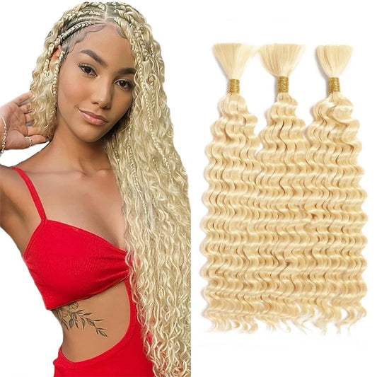 AuokMar 20 20 20 inch 613 Blonde Human Braiding Hair Deep Wave Bulk Blonde Deep Curly Hair for Boho Braids 3 Bundles 613 Color for Women