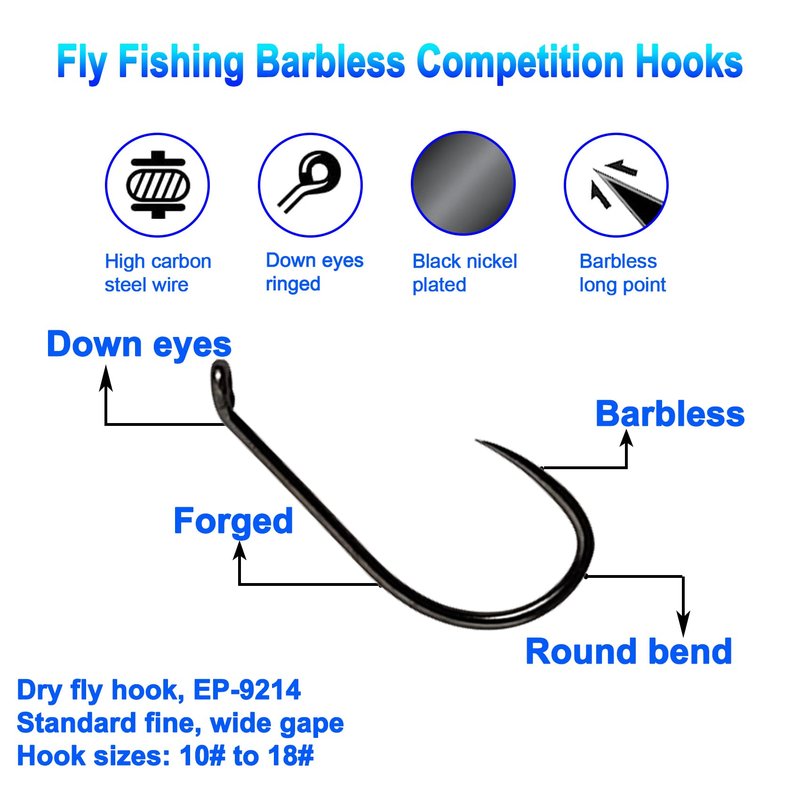 Eupheng 100pcs Plus Best Barbless Competition Fly Fishing Hook Collection - Dry Nymph Strimp&Pupa, Pupa Jig Hooks, High Carbon (Dry Hook EP-9214, 16#)