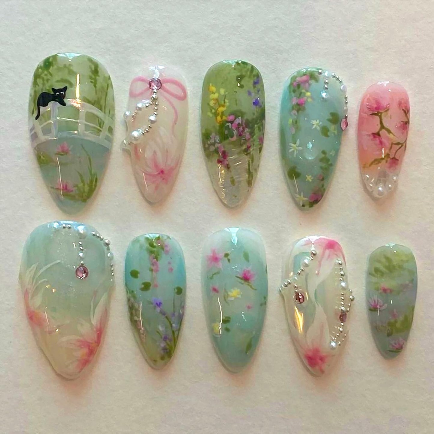 Blue Flower Press-On Nails - Medium Almond French Tip with Bow Design | Glossy Full Cover for DIY Manicure