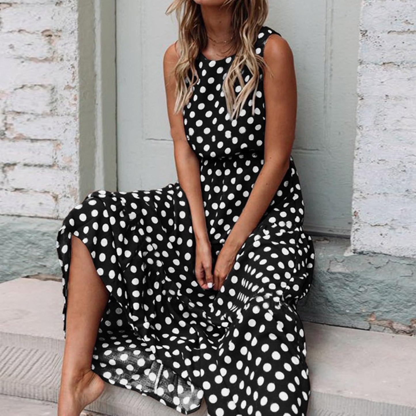 Loinjsnktng Polkadot Dress for Women Round Neck Sleeveless Boho Maxi Dresses 2026 Summer Wedding Guest Smocked Sundresses