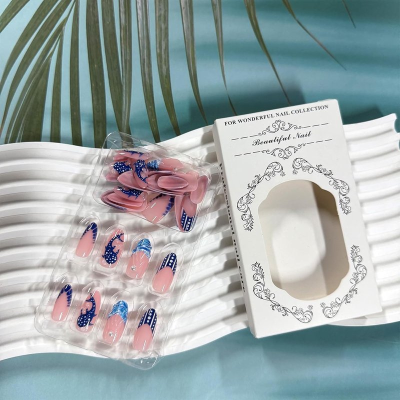 3D Ocean Shark Press-On Nails - Blue French Tip with Polka Dots | Almond Shape, 30 Pcs for Parties & Vacations