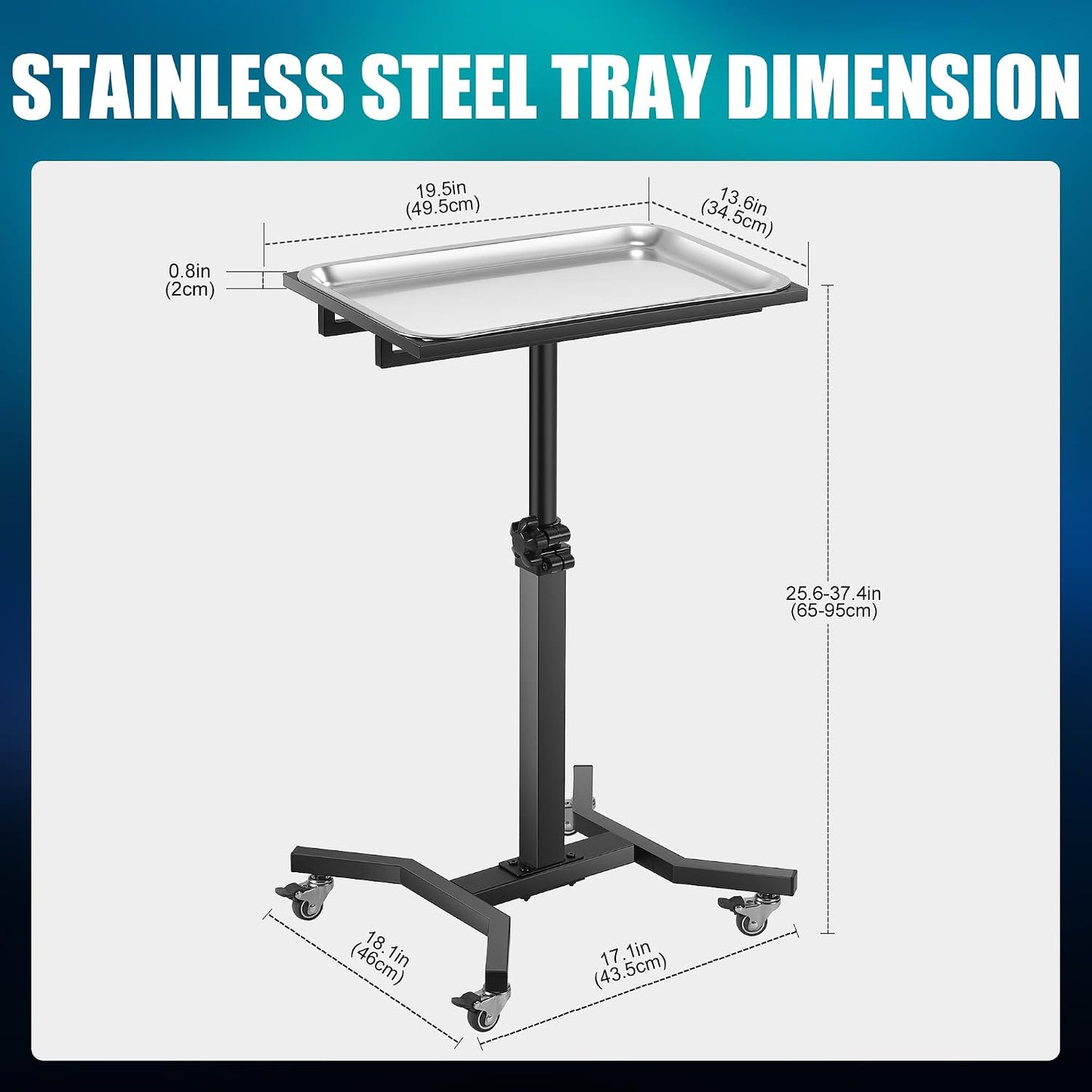 Adjustable Rolling Tattoo Tray Cart - Stainless Steel Workstation with Lockable Wheels | Mobile Trolley for Tattoo Studios & Barbershops