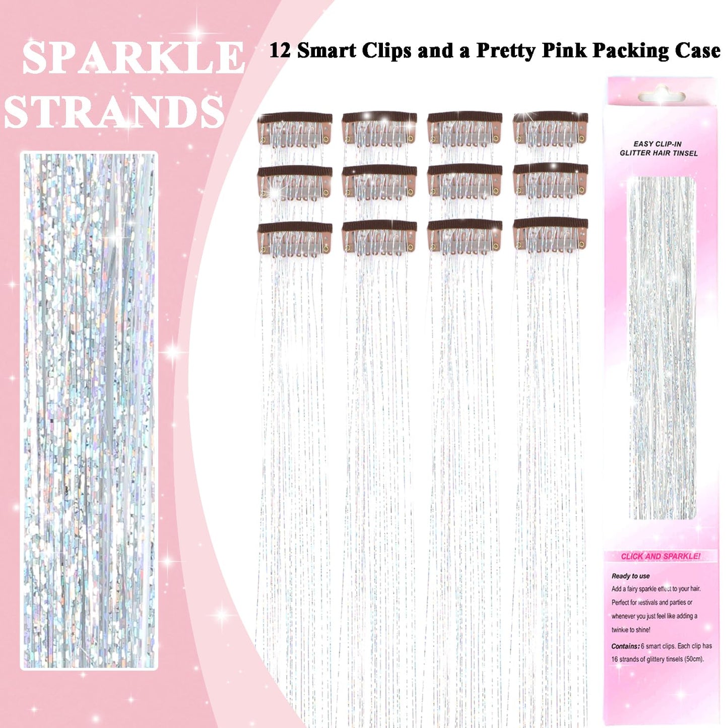 USHUIUS Hair Tinsel Clip in 12Pcs Silver Tinsel Hair Extensions Clip in Hair Tinsel Fairy Glitter Hair Tinsel Kit Heat Resistant Sparkly Hair Accessories for Girls Women Kids (12Pcs SILVER)