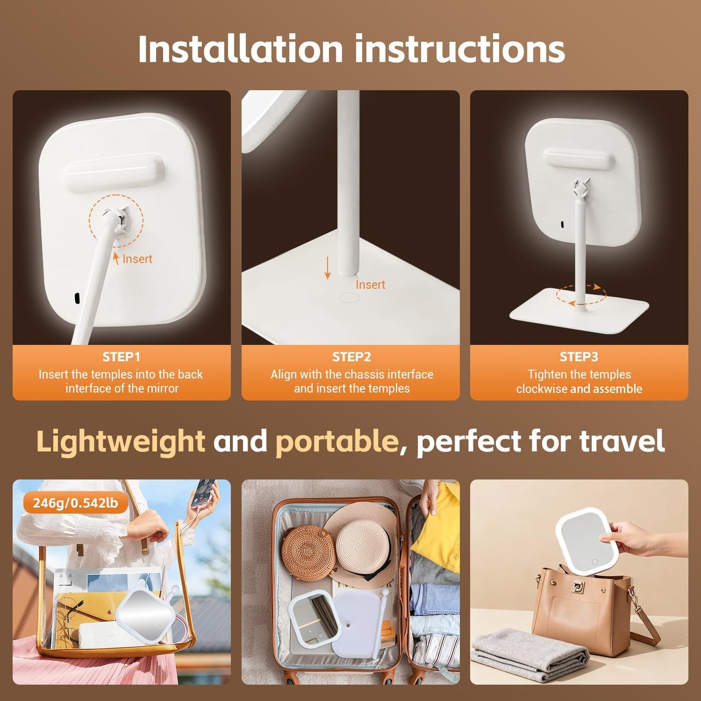 LED Makeup Mirror with Touch-Sensitive Controls - 270° Rotation, 3 Light Colors | Portable & Rechargeable