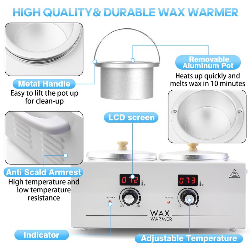 Portable Wax Warmer Machine for Painless Hair Removal, Women Men Professional Wax Heater with Adjustable Temperature Set, 20pcs Sticks (White - Double Pots-Digital)
