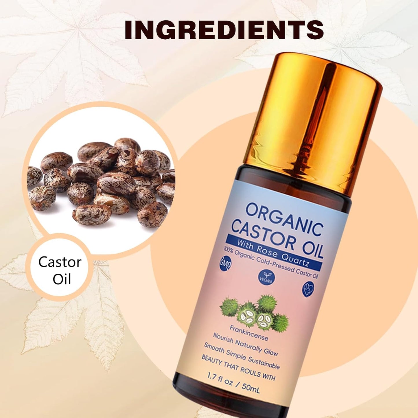 Organic Castor Oil Roll-On with Rose Quartz Roller Ball - Cold Pressed Moisturizing Beauty Oil for Brows, Lashes & Skin