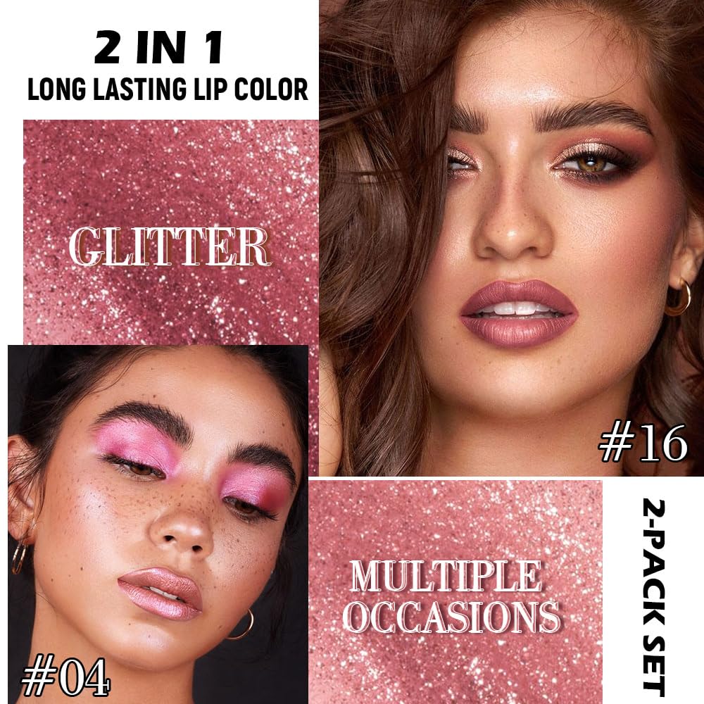 evpct 2Pcs Rose Gold Mauve Metallic Glitter Lip Liner and Lipstick Combo, Shimmery Lip Gloss Stain Set Makeup for Women Long Lasting Waterproof 24, Metallic Shimmer Iridescent Glossy Liquid Lipstick