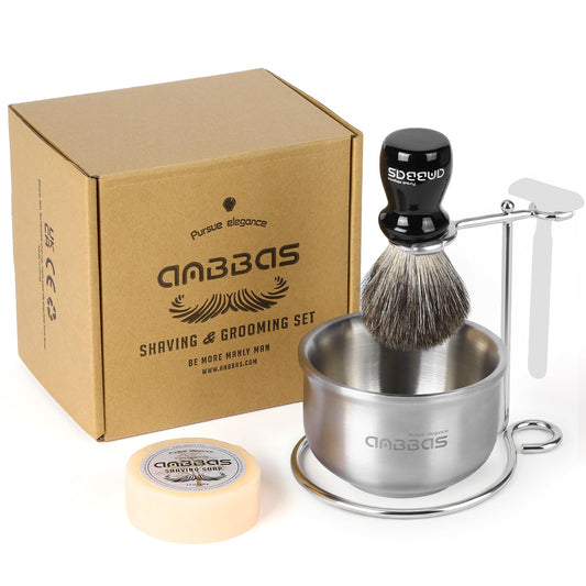 Anbbas Badger Hair Shaving Brush,Stainless Steel Stand Holer for Razor and Brush, Shaving Soap and Bowl,4in1 Kit for Men Wet Shave