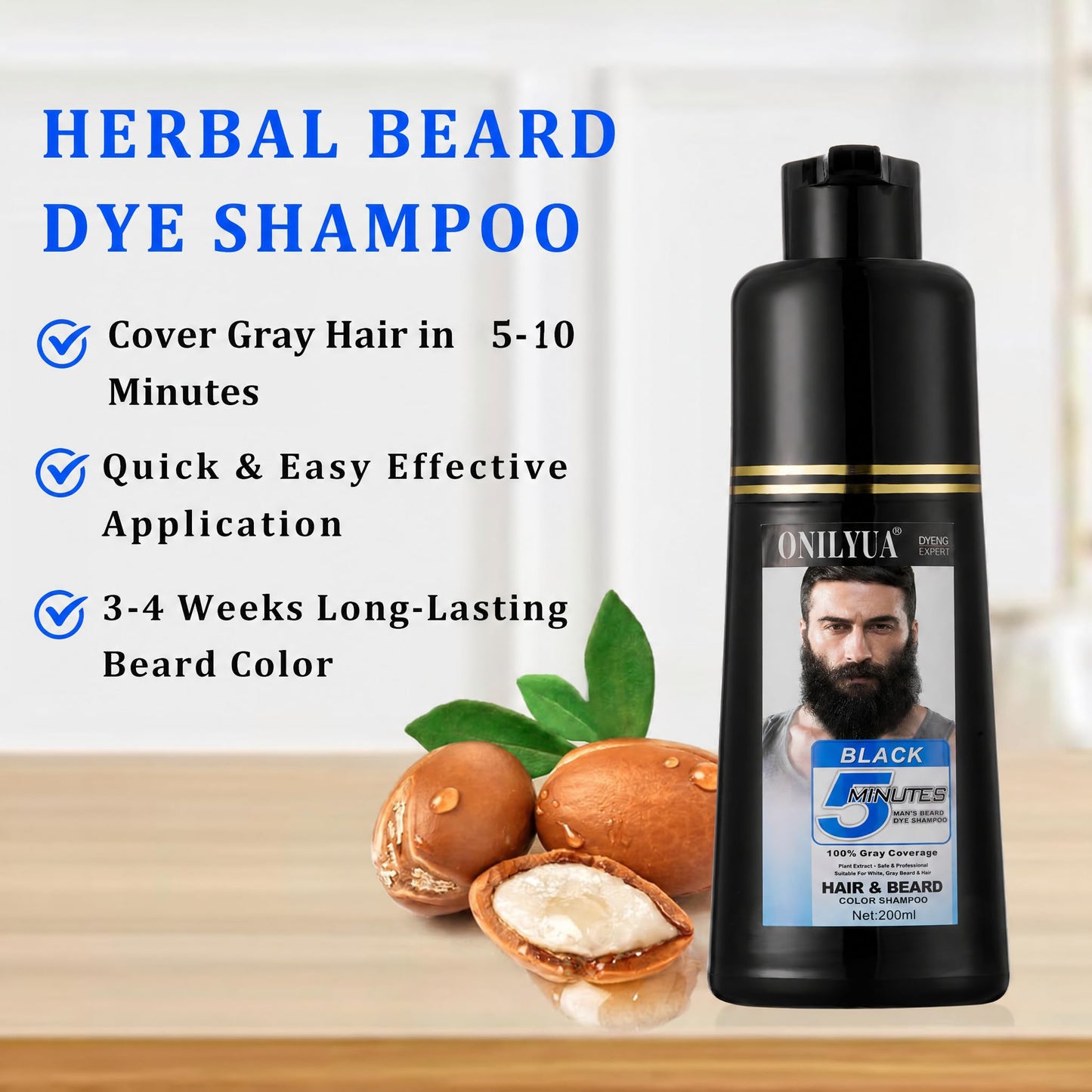 Men's Black Beard and Hair Dye Shampoo 3 in 1 - Long-Lasting Herbal Coloring for Gray Hair, Mustache & Beard in Minutes, 6.76 Fl Oz
