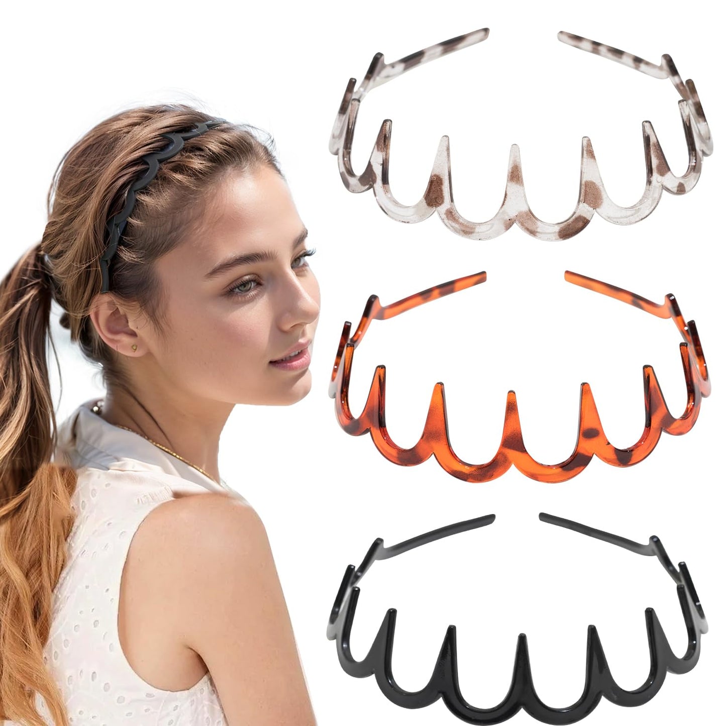 Jeffan Zigzag Headbands for Women, 3 Pack U-Shaped Plastic Headbands - Comb Hoop Wave Teeth Hairband