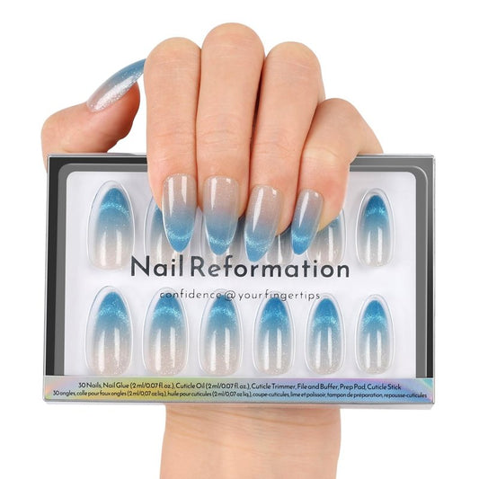 Ombre Blue Velvet Shimmer Press-On Nails | Medium Almond Glitter French Tips - 30 Nail Kit with Glue, Reusable in 15 Sizes